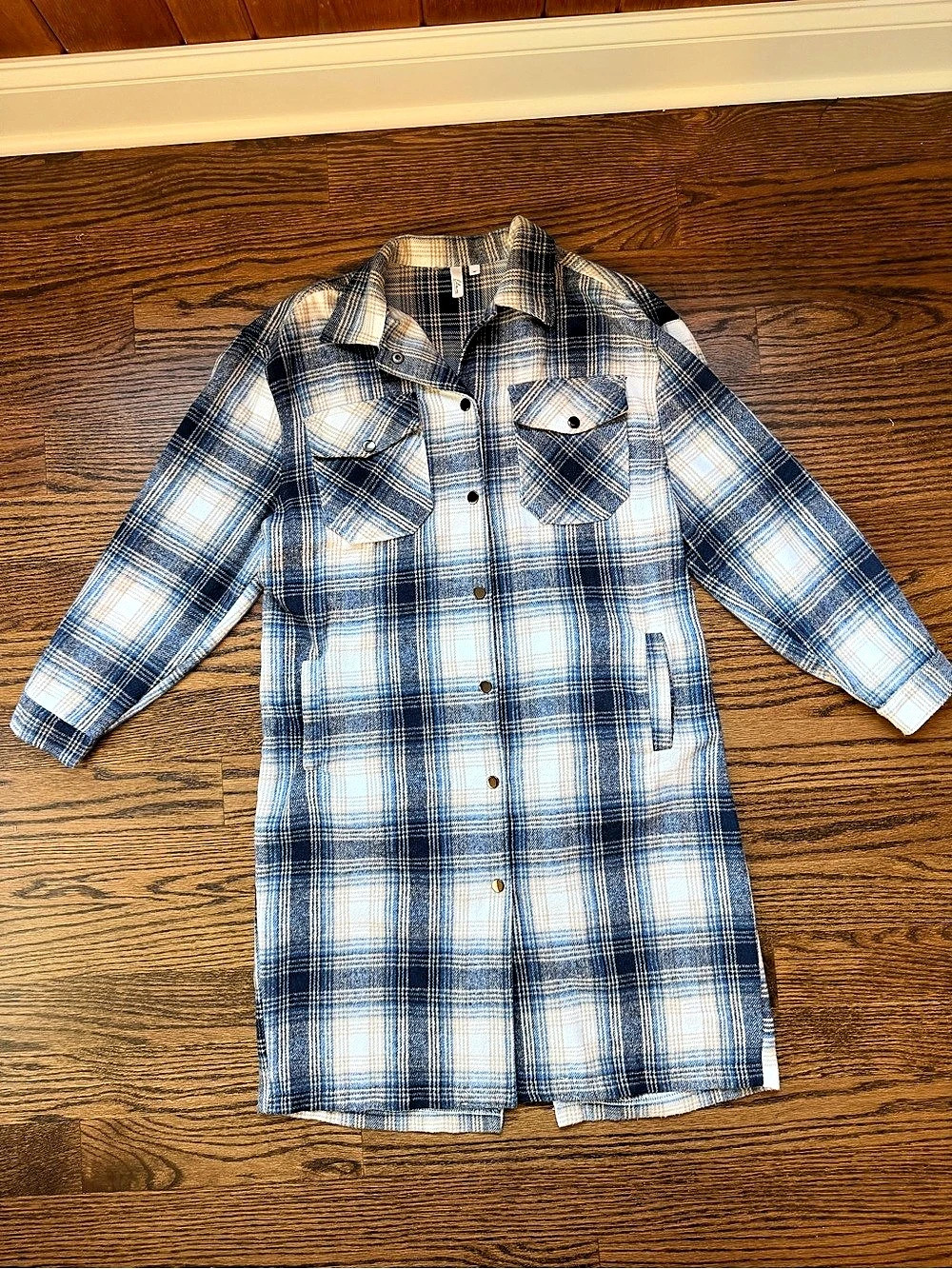 Elan Plaid Long Shacket in Blue & White - Medium